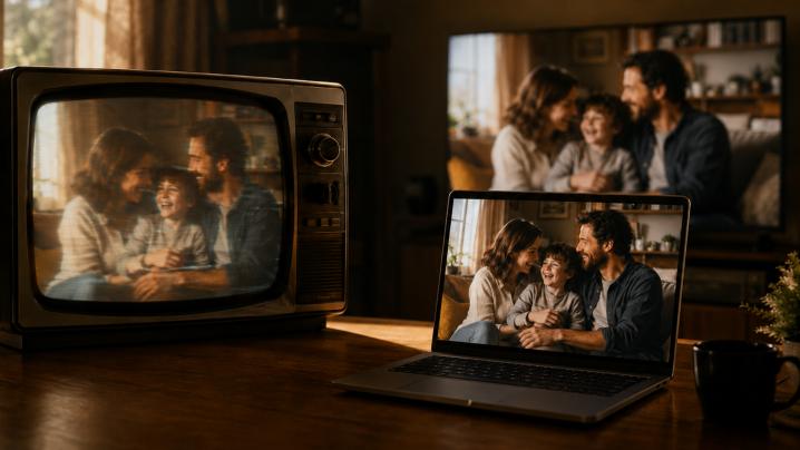 A vintage CRT television beside a modern flat-screen monitor showing the same scene at higher resolution