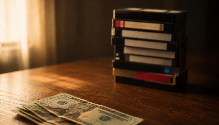 A VHS cassette with a handwritten label next to a desk calculator and dollar bills