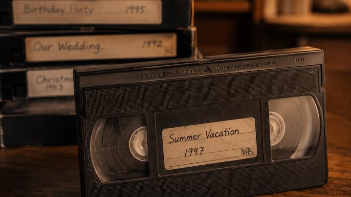 A row of aging VHS videocassettes on a wooden shelf
