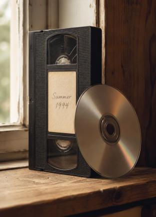 A VHS cassette beside a DVD disc in an open case